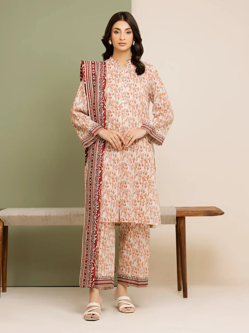 Unstitched Cream Printed Lawn 3 Piece -