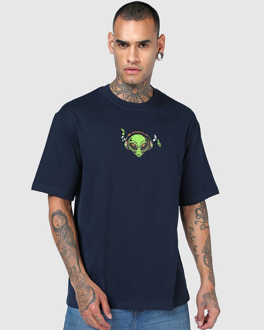 Men's Navy Blue  Graphic Printed Oversized T-shirt