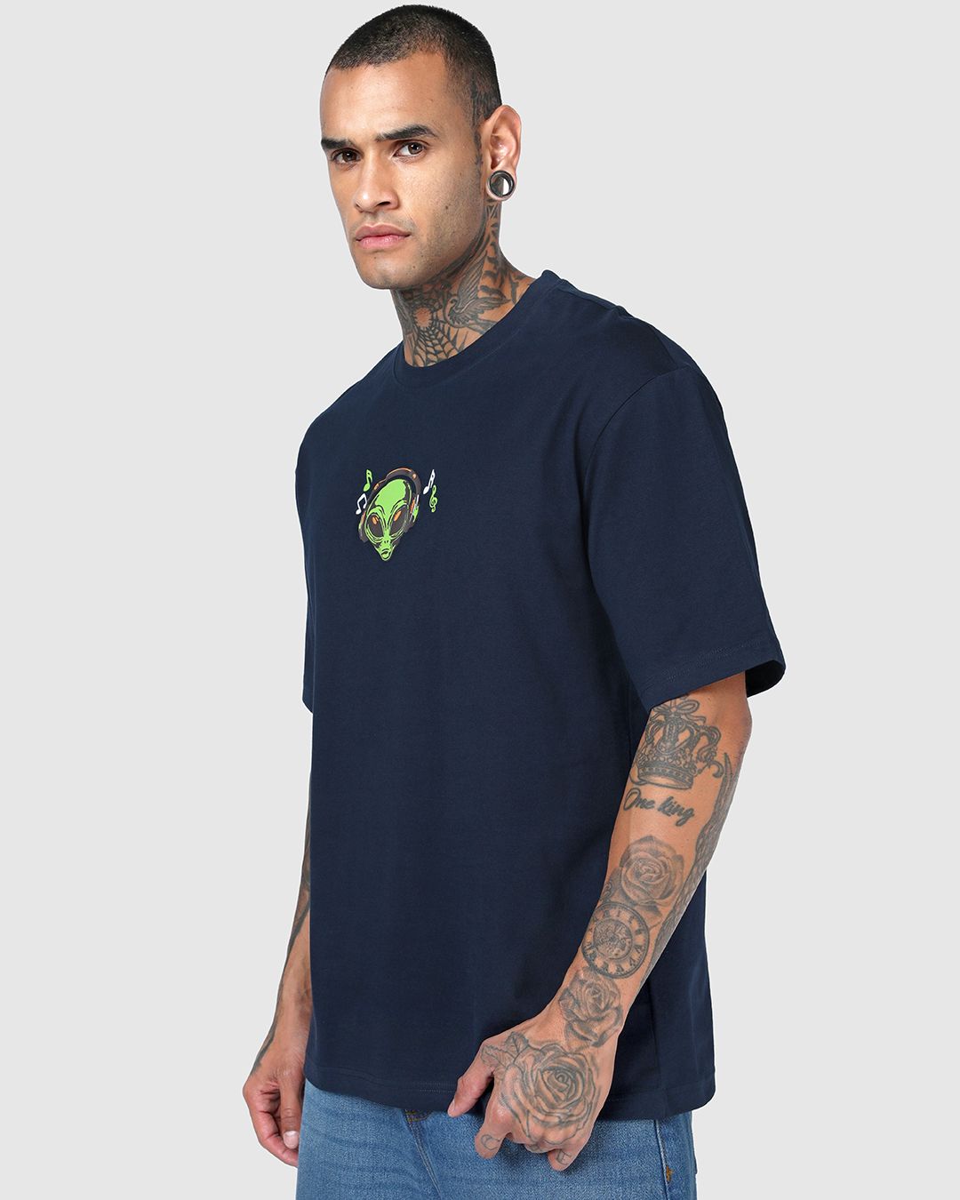 Men's Navy Blue  Graphic Printed Oversized T-shirt
