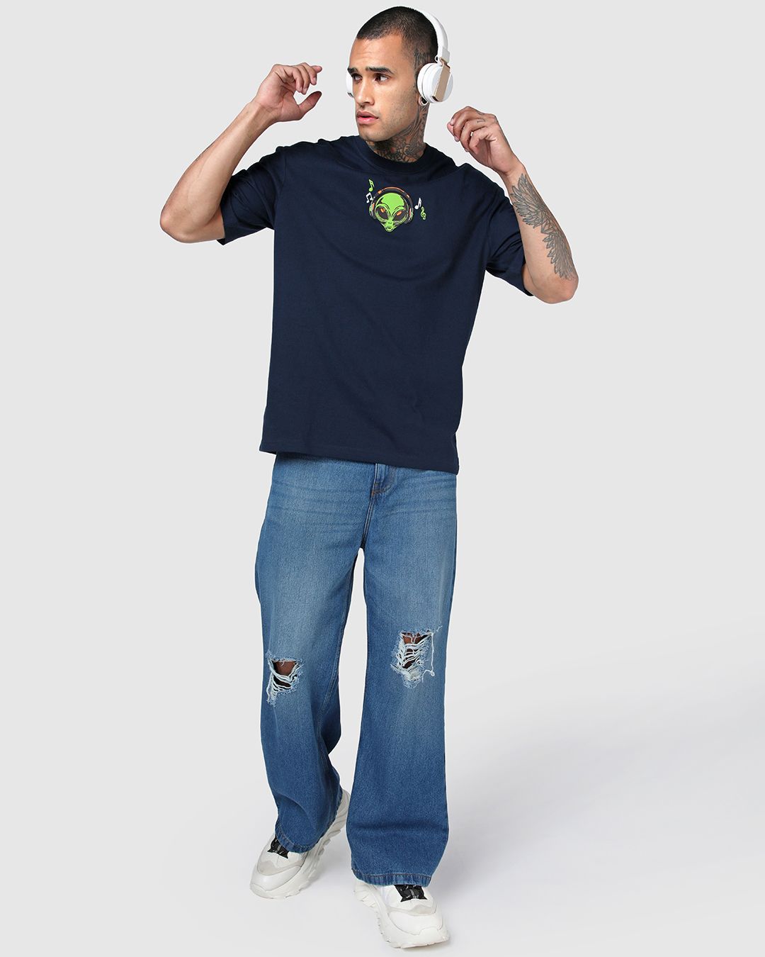 Men's Navy Blue  Graphic Printed Oversized T-shirt
