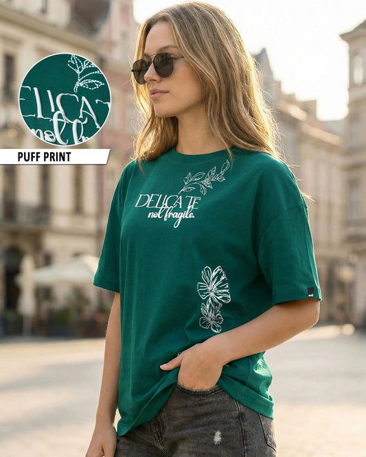 Women's Aventurine Green Wild Flower Graphic Printed Oversized T-shirt