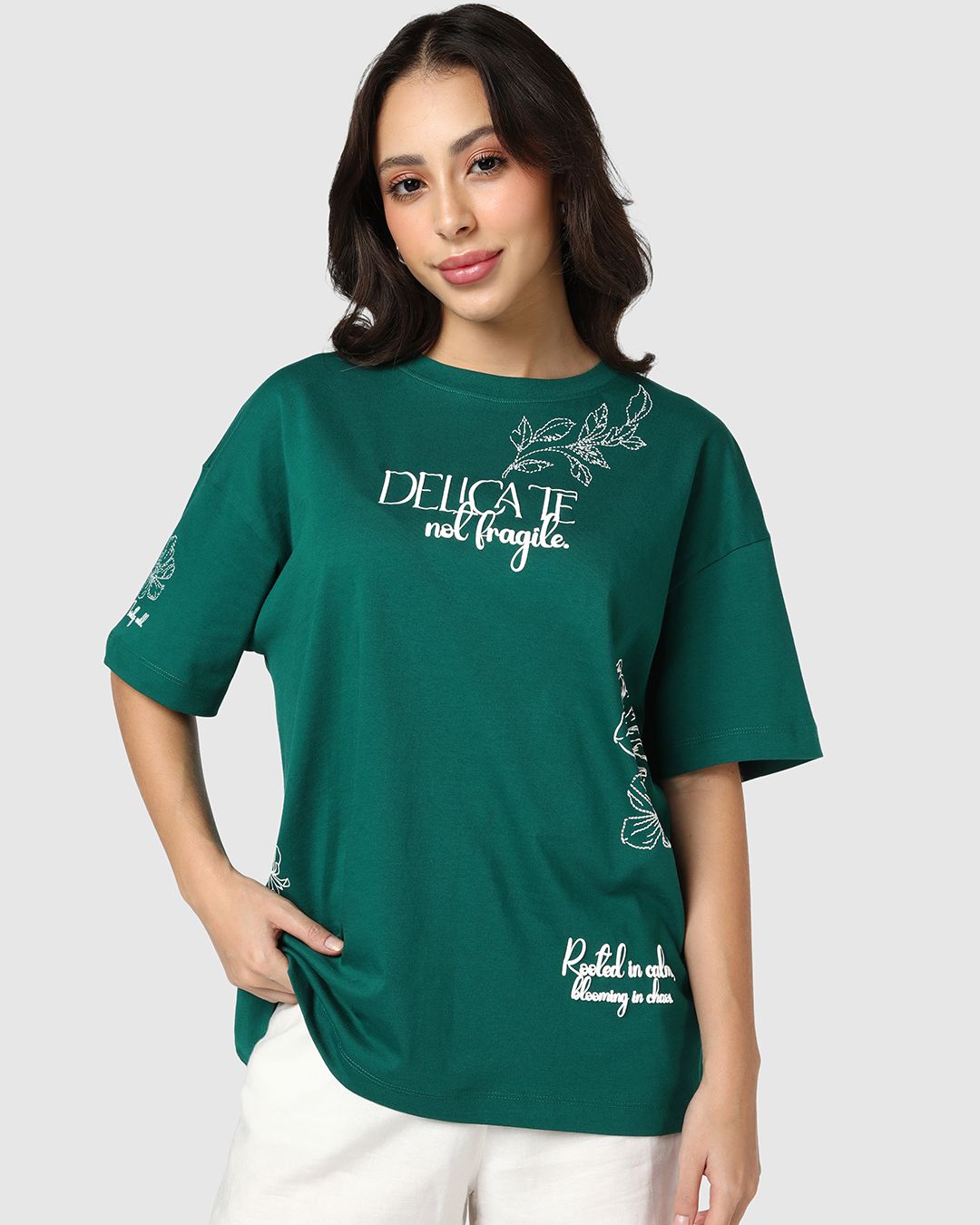 Women's Aventurine Green Wild Flower Graphic Printed Oversized T-shirt