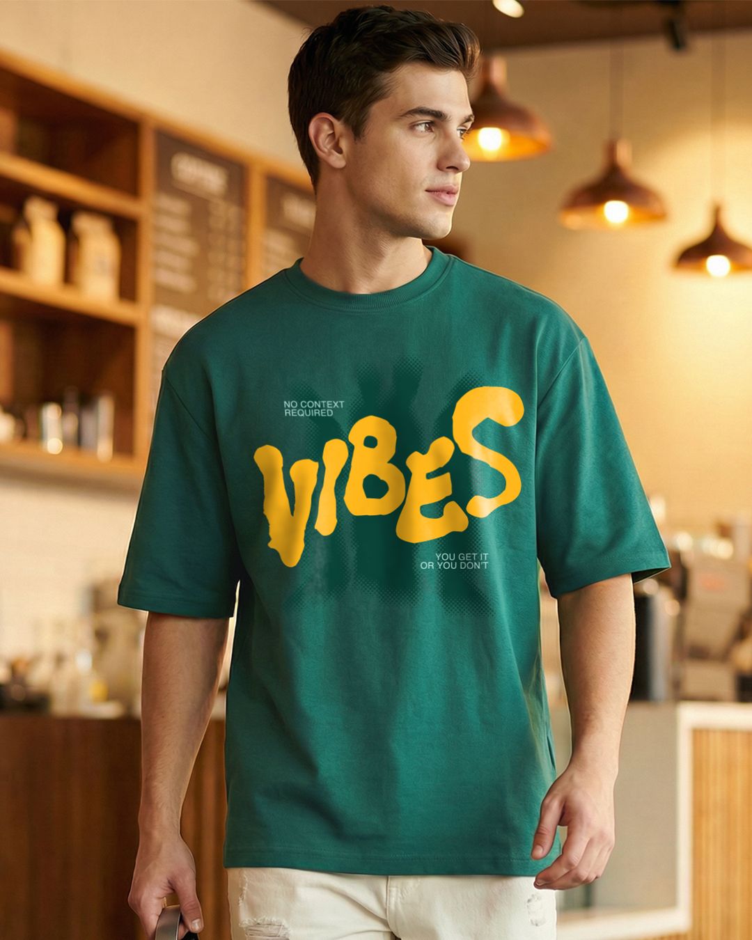 Men's Aventurine Green Vibes Typography Oversized T-shirt