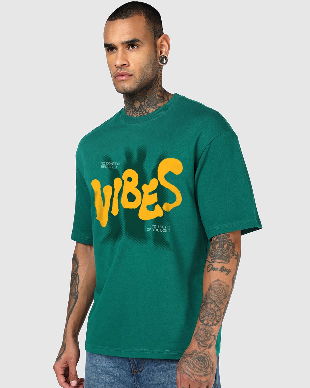 Men's Aventurine Green Vibes Typography Oversized T-shirt