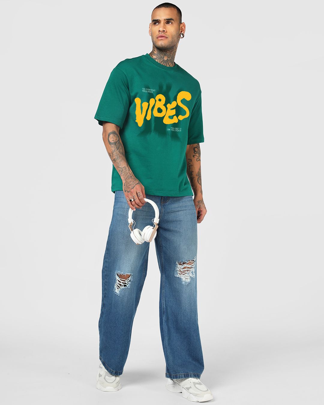 Men's Aventurine Green Vibes Typography Oversized T-shirt