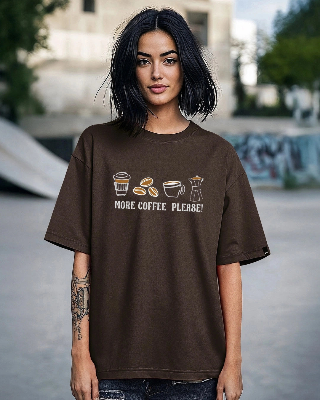 Women's Chocolate Brown More Coffee Graphic Printed Oversized T-shirt