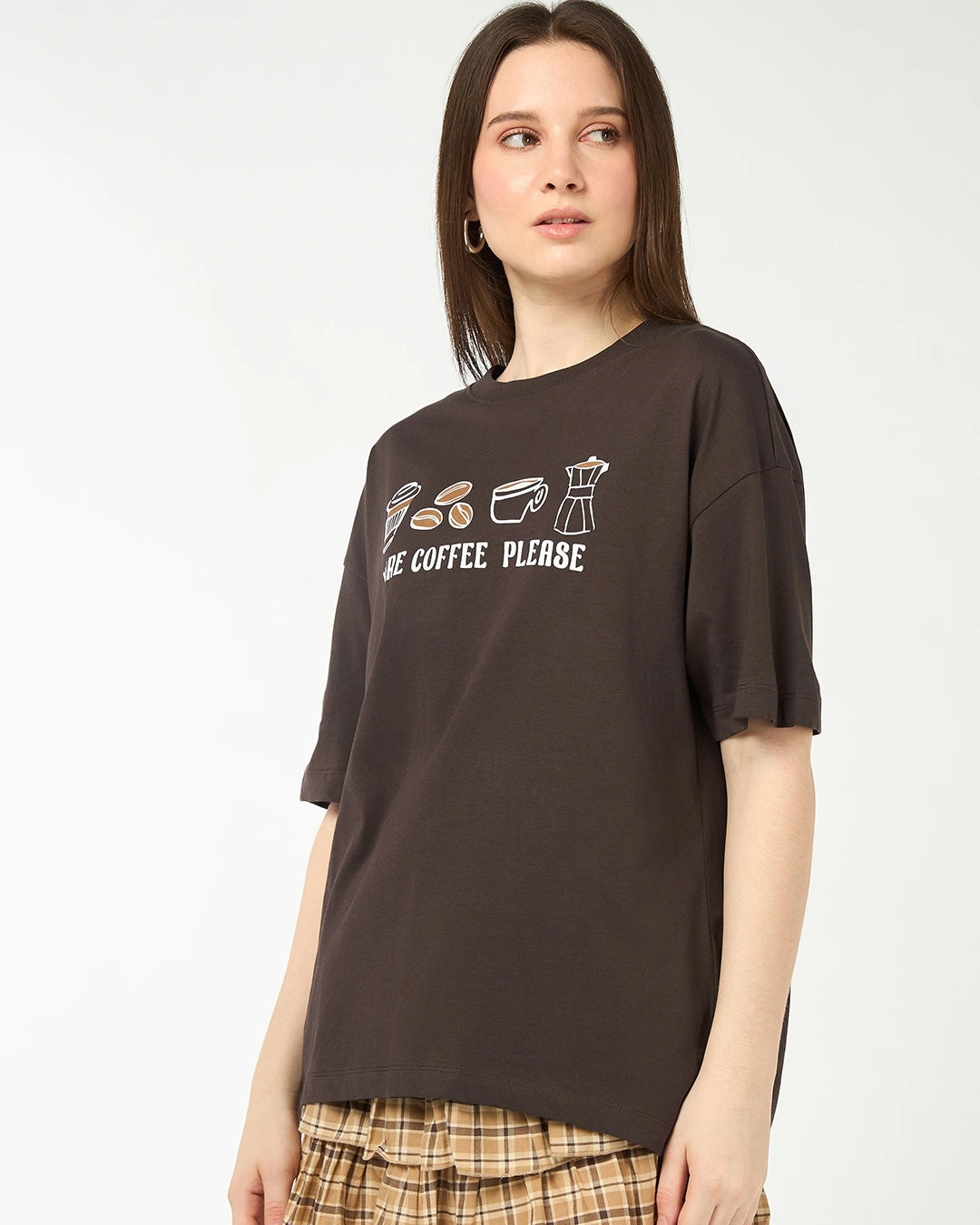 Women's Chocolate Brown More Coffee Graphic Printed Oversized T-shirt