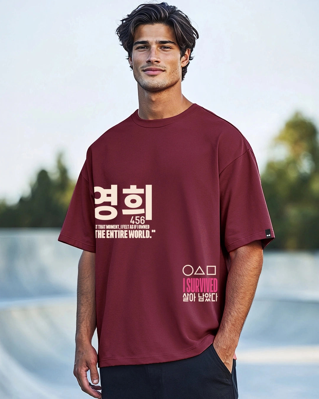 Men's Maroon  Graphic Printed Oversized T-shirt