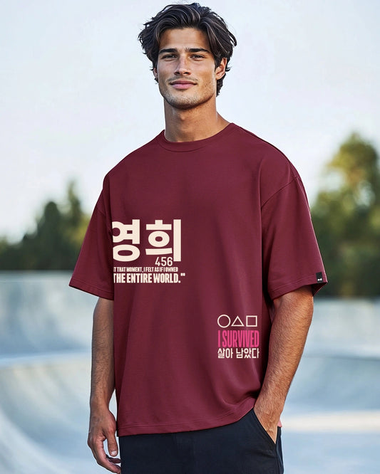 Men's Maroon  Graphic Printed Oversized T-shirt