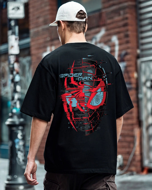 Men's Black Across The Spiderverse Graphic Printed Oversized T-shirt