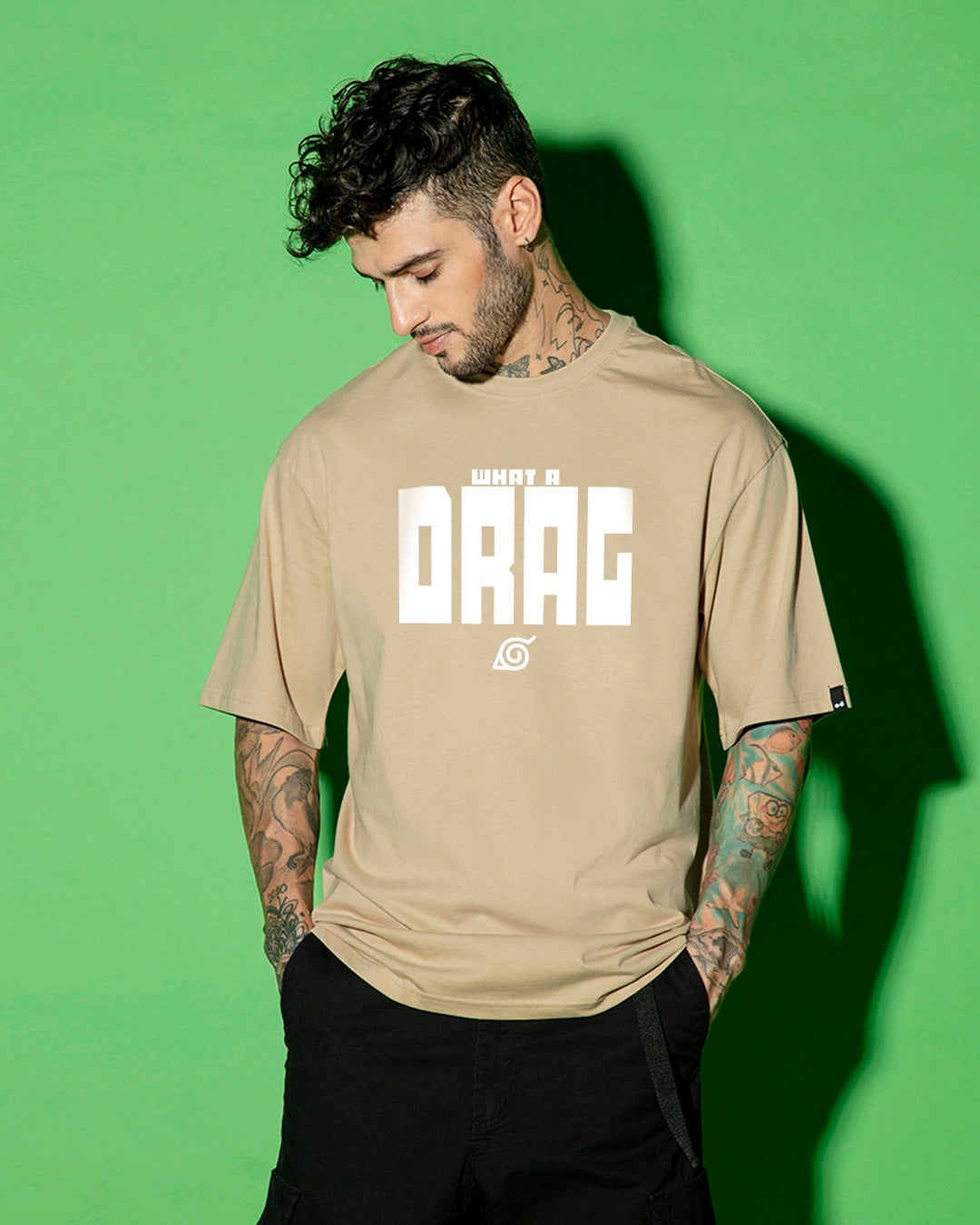 Men's Brown Shikamaru Drag Graphic Printed Oversized T-shirt