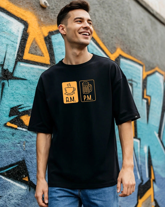 Men's Jet Black AM PM Graphic Printed Oversized T-shirt