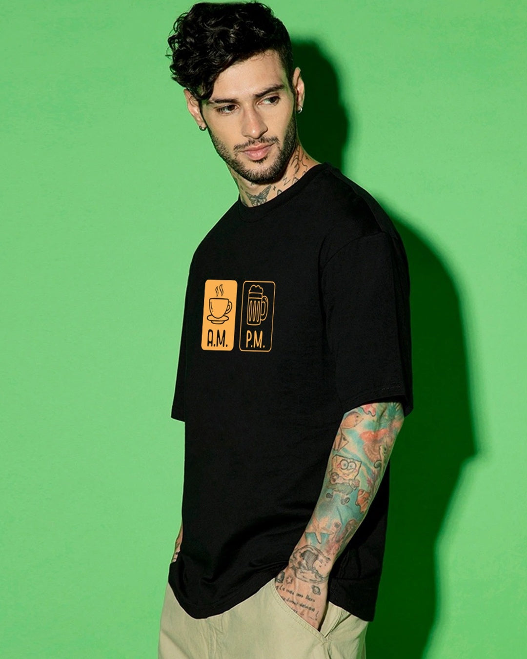 Men's Jet Black AM PM Graphic Printed Oversized T-shirt