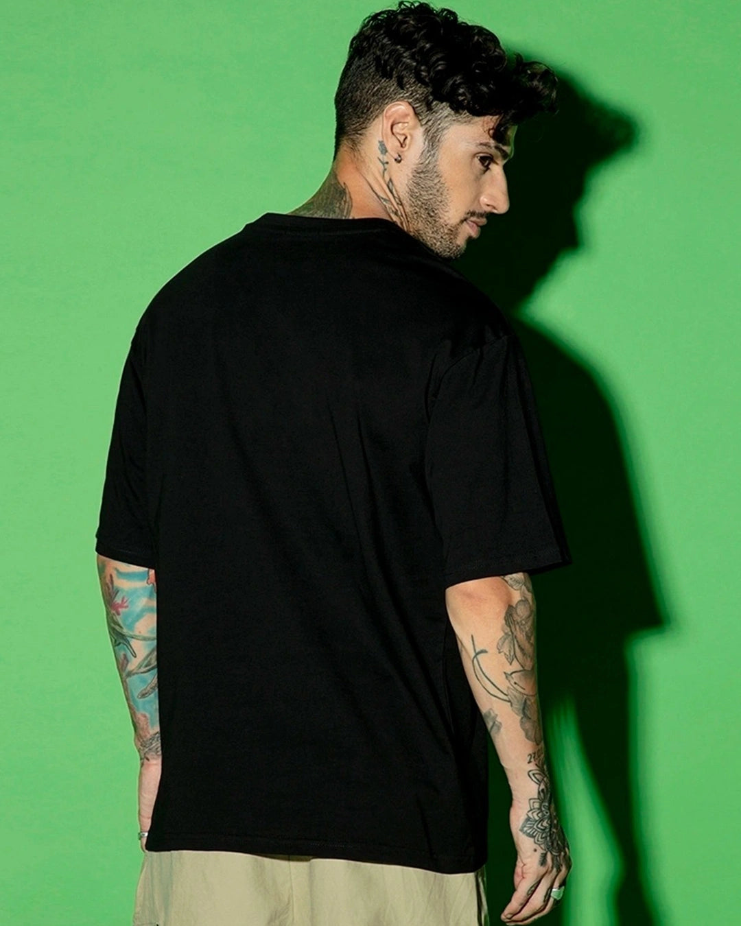 Men's Jet Black AM PM Graphic Printed Oversized T-shirt