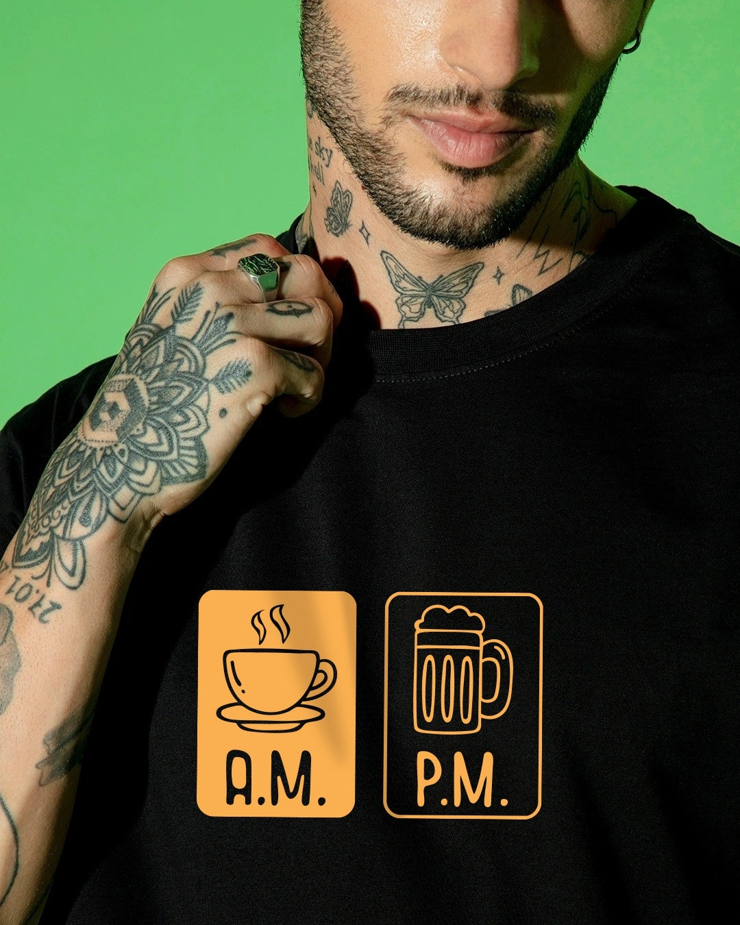Men's Jet Black AM PM Graphic Printed Oversized T-shirt
