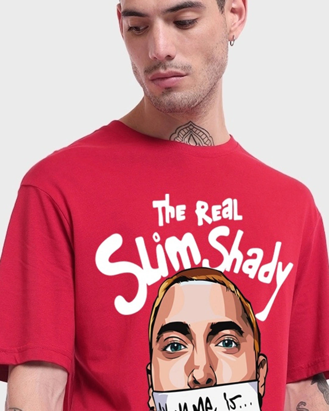 Men's Red Real Slim Shady Graphic Printed Oversized T-shirt