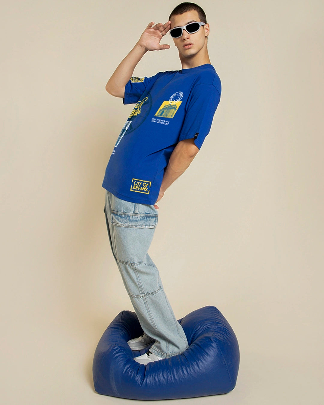 Men's Blue  Graphic Printed Oversized T-shirt