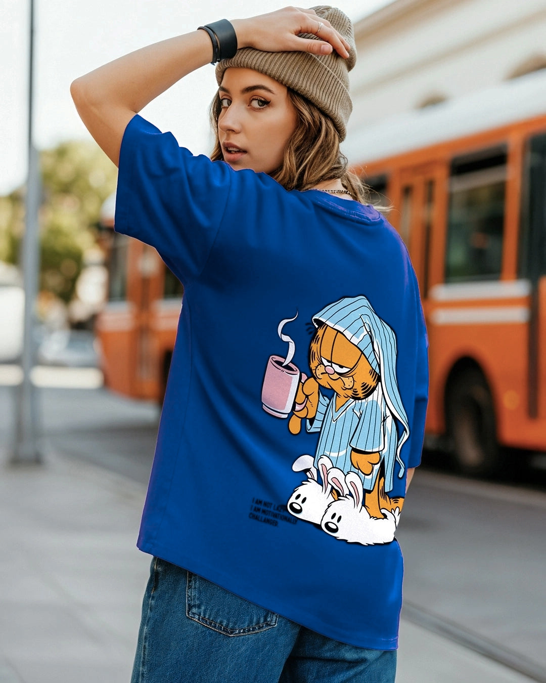 Women's Blue Lazy Garfield Graphic Printed Oversized T-shirt