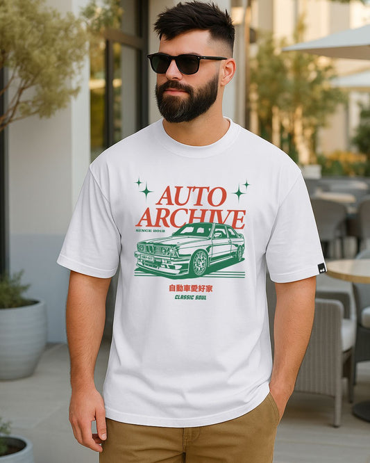Men's White Auto Archive Graphic Printed Oversized T-shirt