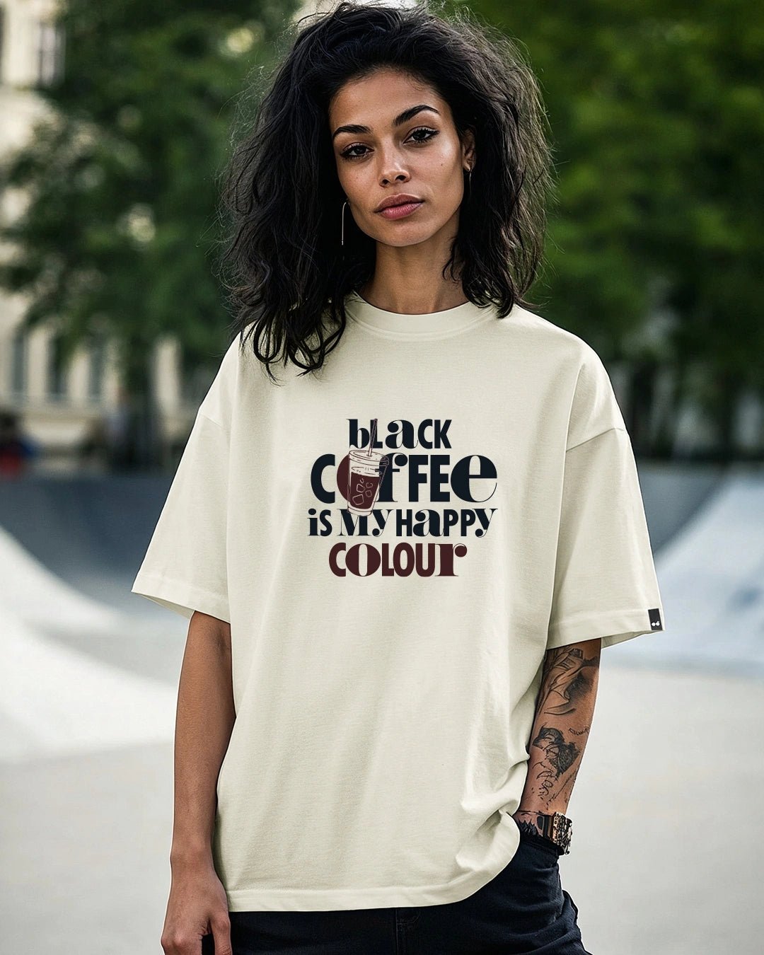 Women's Beige Black Coffee Typography Oversized T-shirt