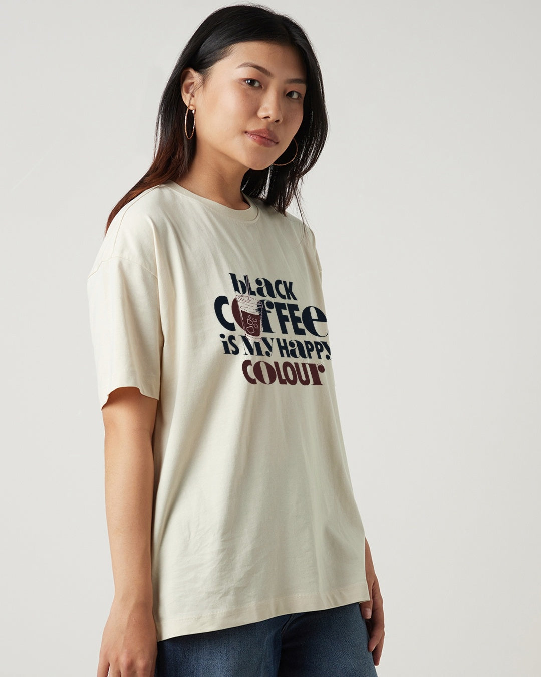 Women's Beige Black Coffee Typography Oversized T-shirt