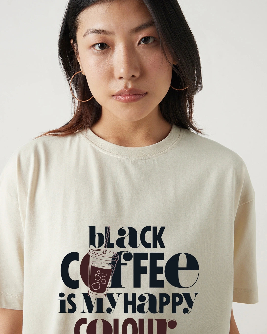 Women's Beige Black Coffee Typography Oversized T-shirt