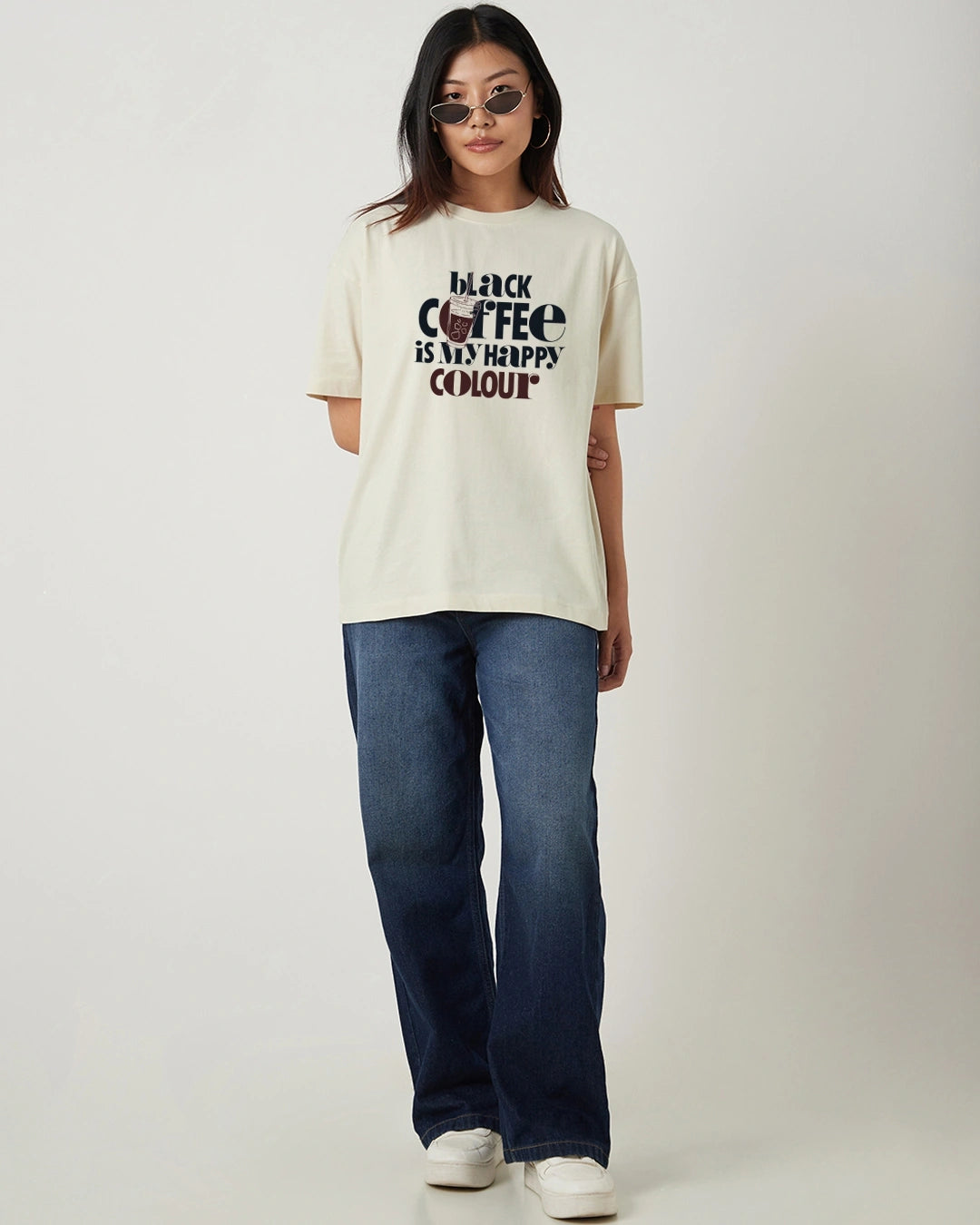 Women's Beige Black Coffee Typography Oversized T-shirt