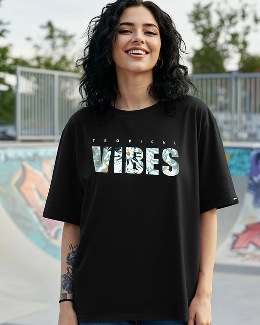 Women's Black Tropical Vibes Typography Oversized T-shirt