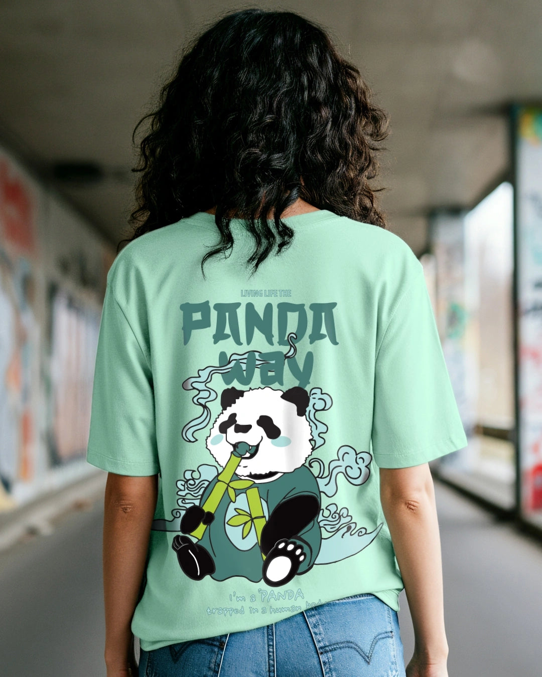 Women's Green The Panda Way Graphic Printed Oversized T-shirt