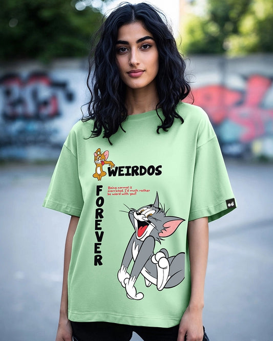 Women's Green Weirdos Forever Graphic Printed Oversized T-shirt