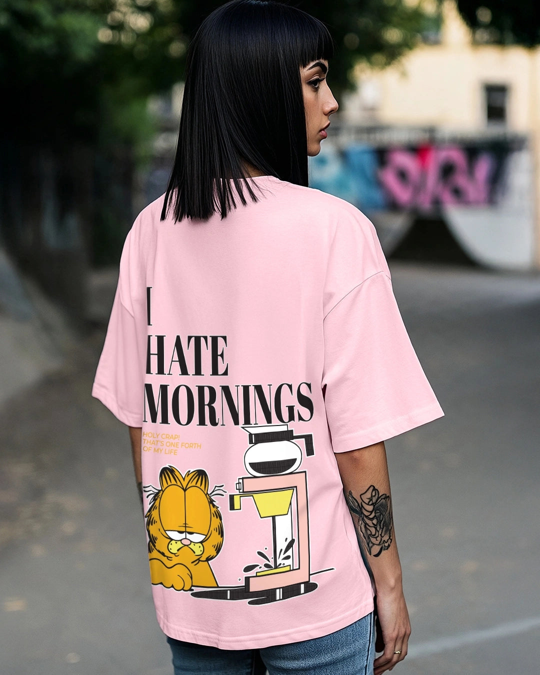 Women's Pink Garfield Hates Mornings Graphic Printed Oversized T-shirt