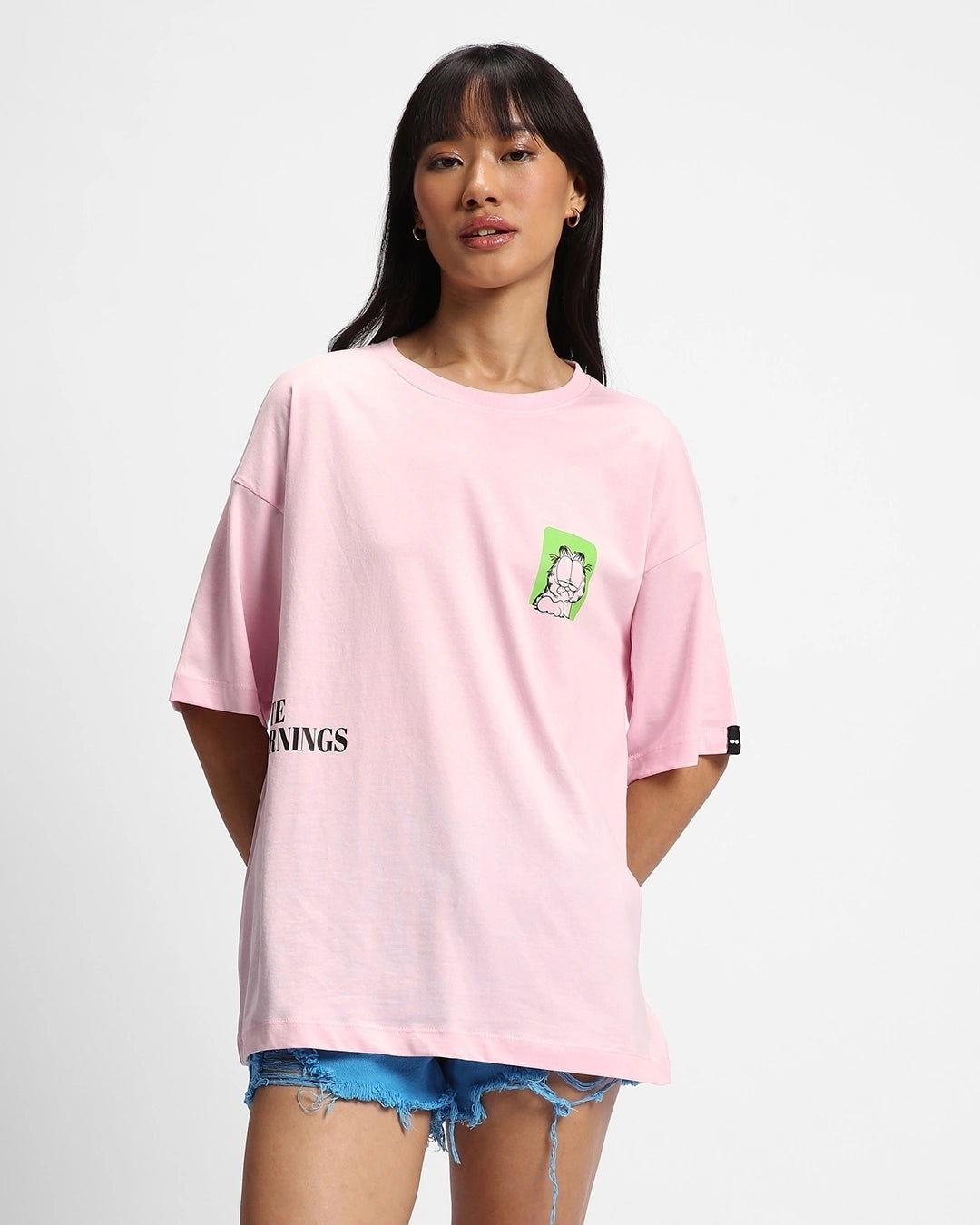 Women's Pink Garfield Hates Mornings Graphic Printed Oversized T-shirt