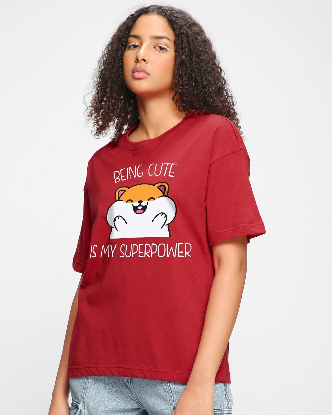 Women's Red Being Cute Is My Superpower Graphic Printed Oversized T-shirt