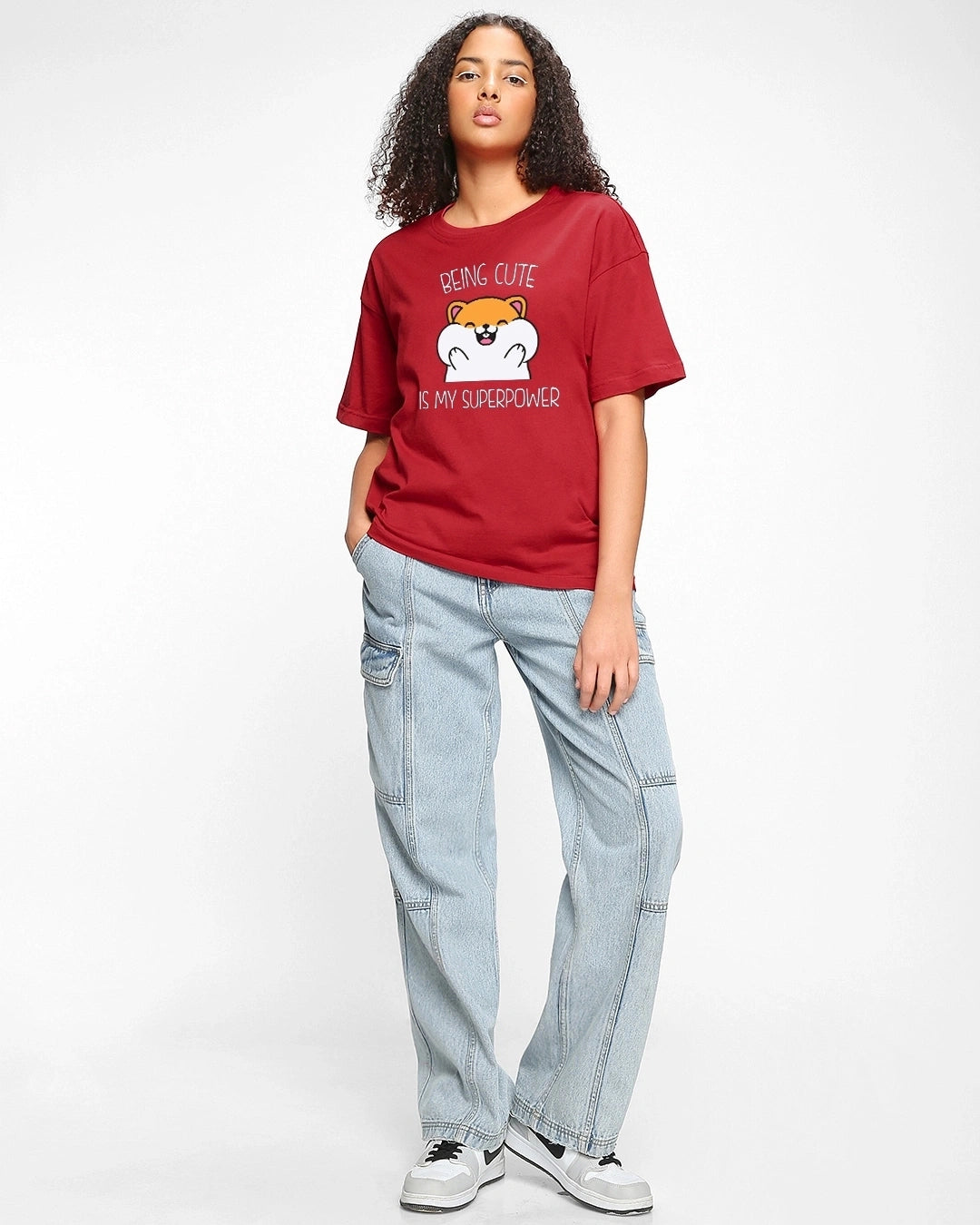 Women's Red Being Cute Is My Superpower Graphic Printed Oversized T-shirt
