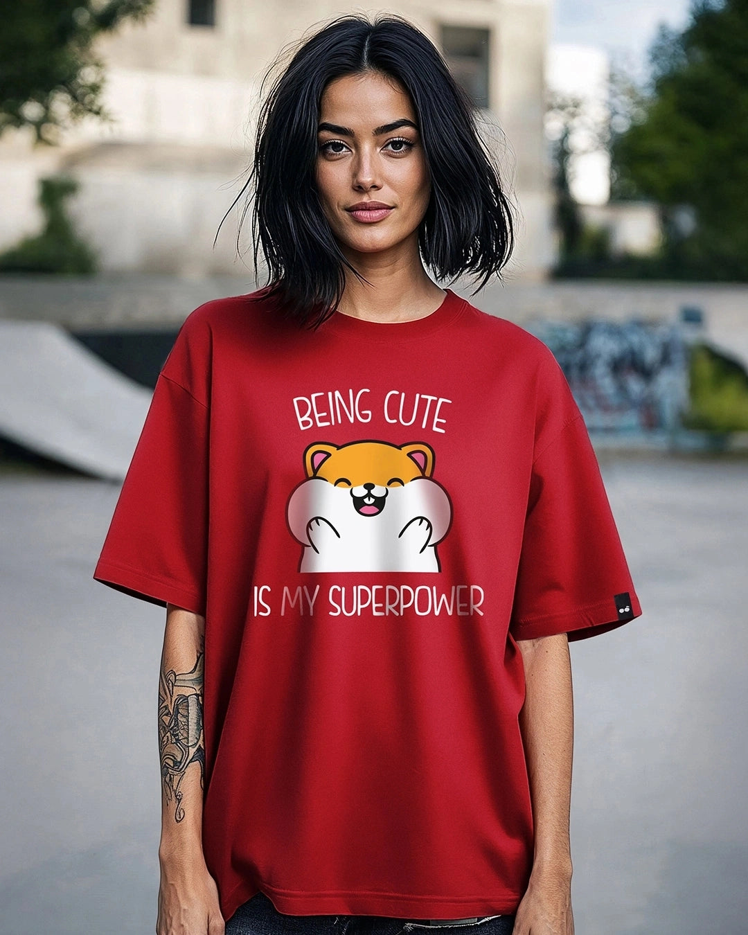 Women's Red Being Cute Is My Superpower Graphic Printed Oversized T-shirt